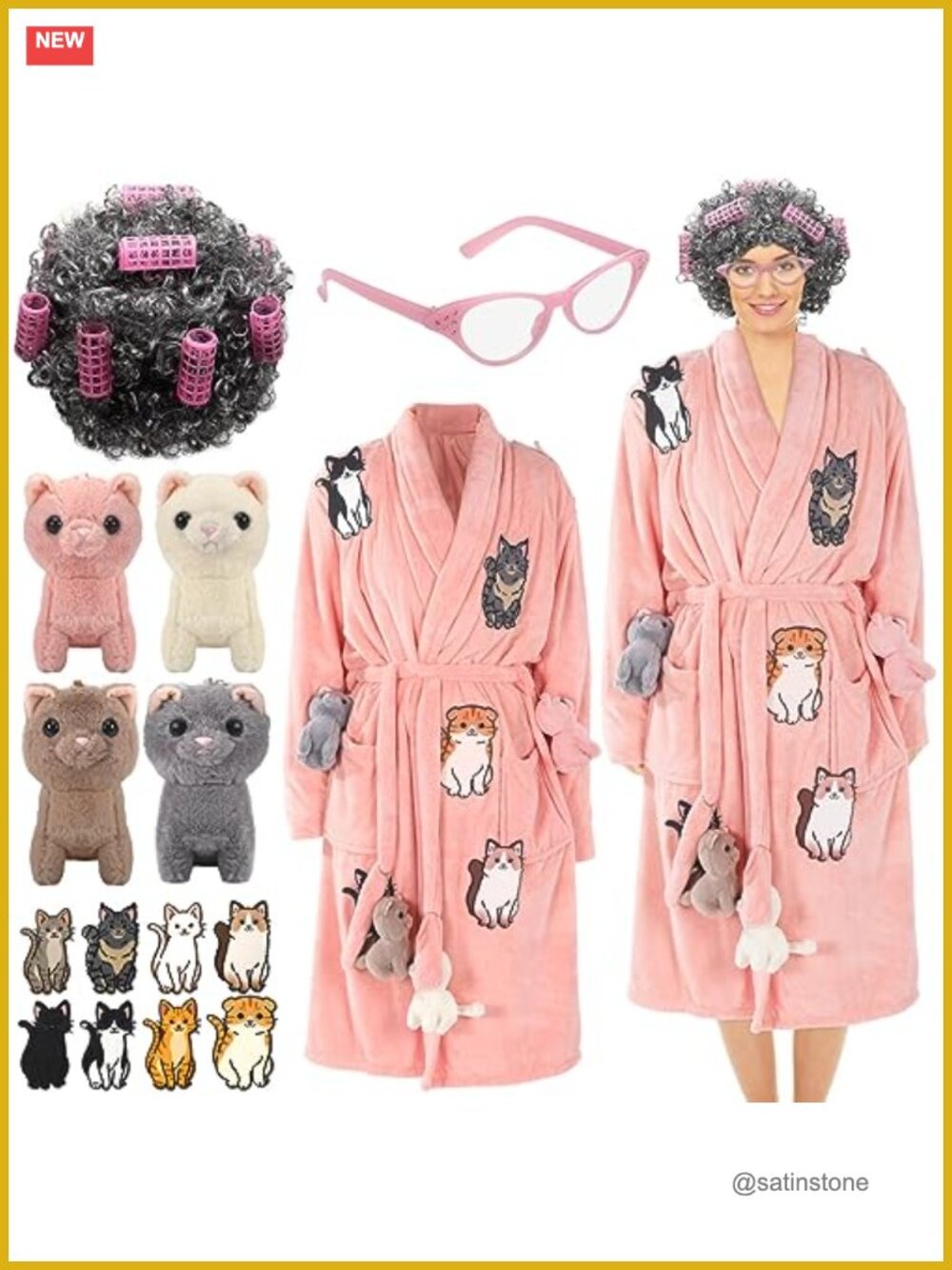 Women's Cat Lady Halloween Costume Set Coral Fleece Robe Wig Curlers Glasses